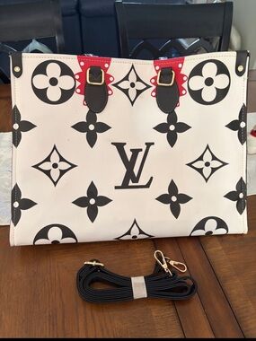Louis Vuitton White Monogram Canvas Tote with Black Monogram & Red Trim